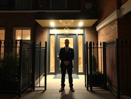Guards standing watch at a doorway at night