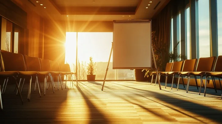 13. Held in Common Empty chairs in a quiet meeting hall