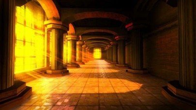 Light across a stone floor in an empty hall