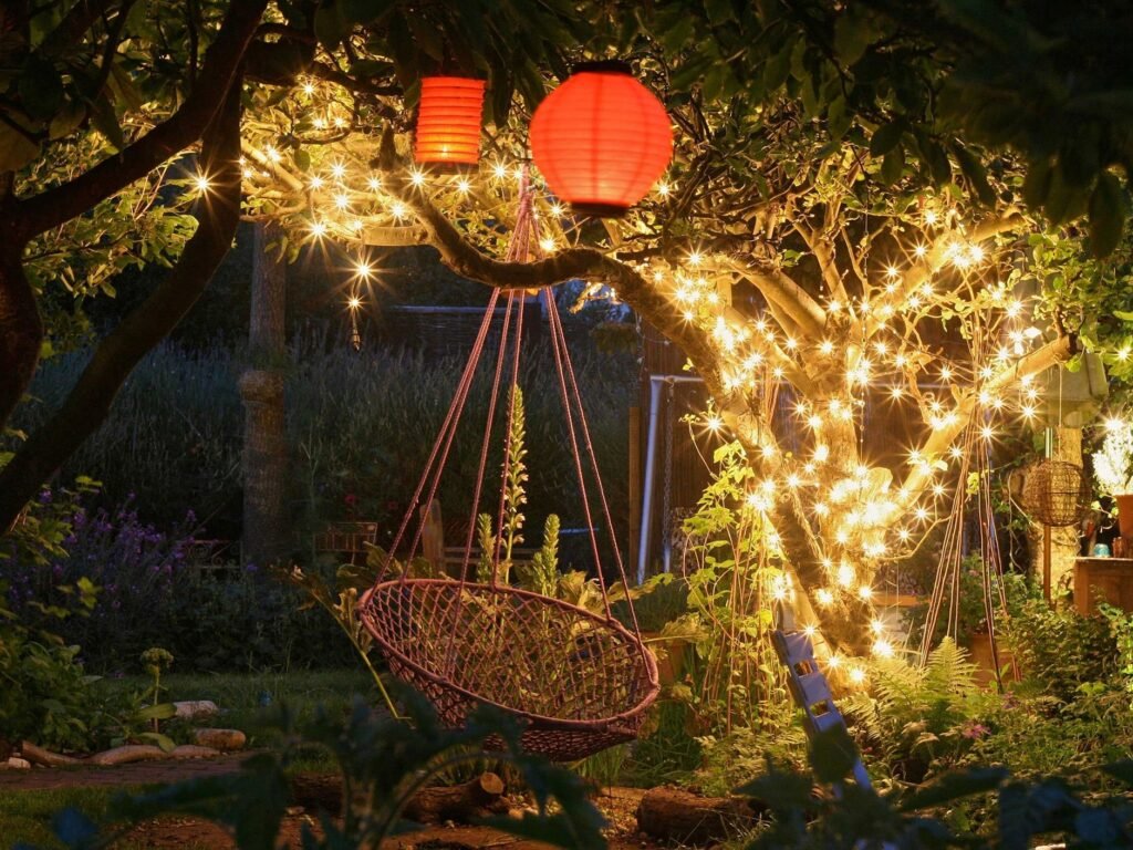 A garden at night lit by lanterns