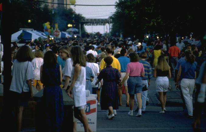 People gathered in early morning light