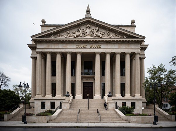 Symmetrical stone courthouse facade with columns under soft daylight