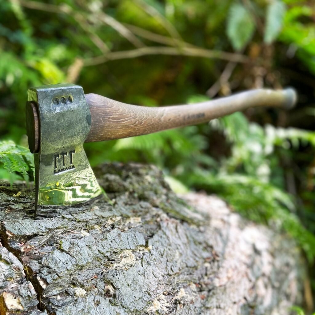 An axe resting against the base of a tree trunk outdoors.