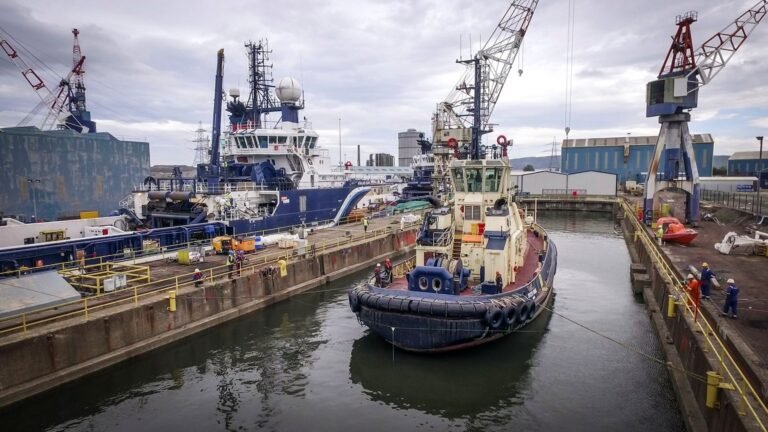 Large cargo ship hull in dry dock showing massive steel structure.