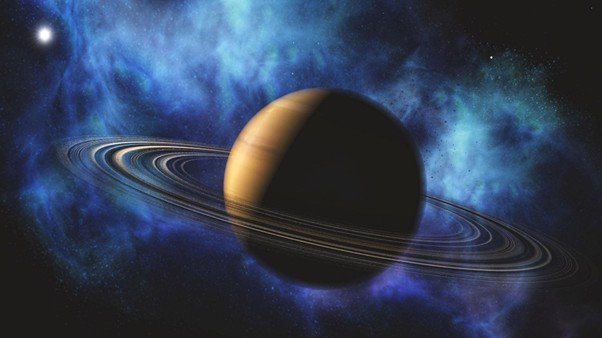 Detailed image of Saturn and its rings against black space.