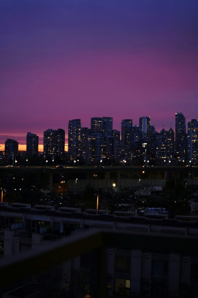 Evening light over city rooftops