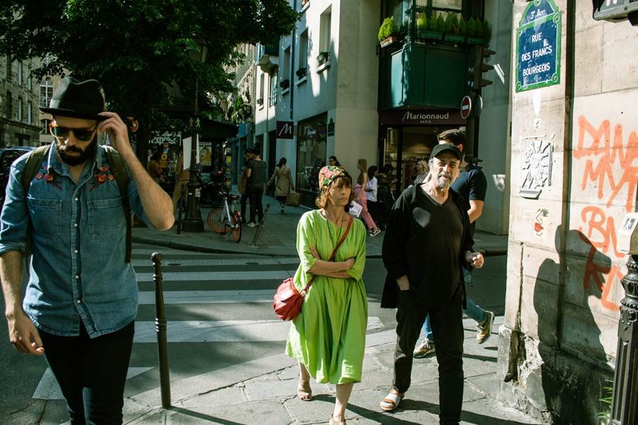 People walking along a city street