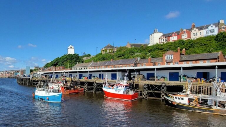 Fishing boats moored along a stone harbour wall.
