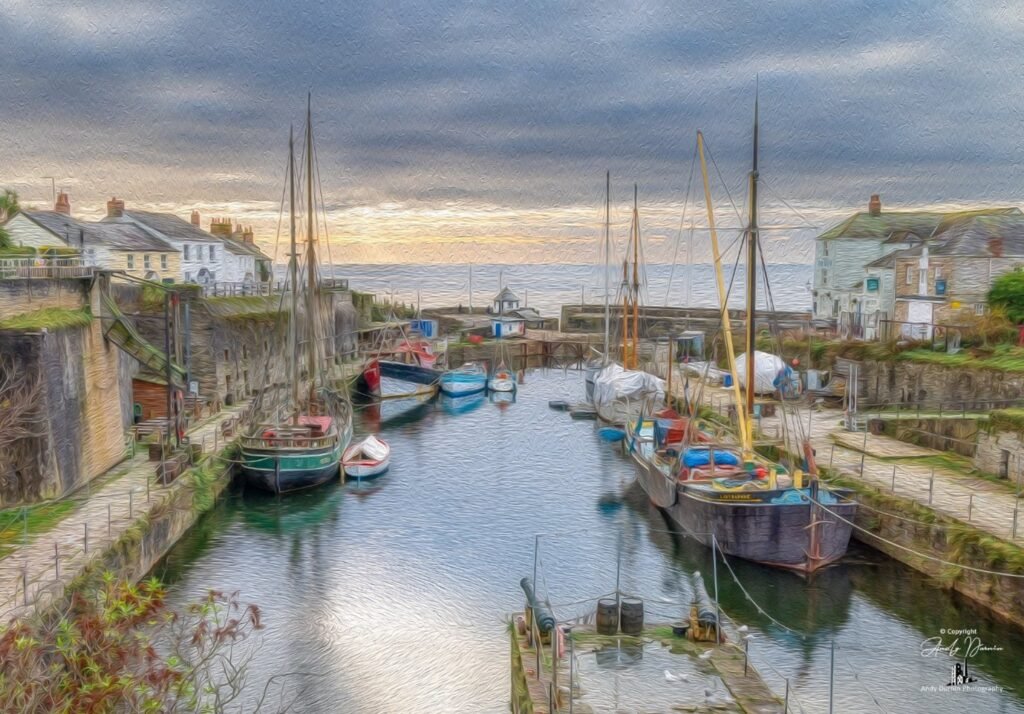 Small working harbour with moored boats and harbour wall under an overcast evening sky.