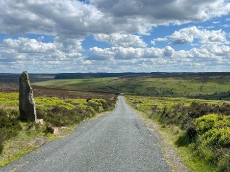 Gravel path crossing open moorland beneath a grey sky.
