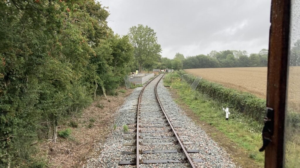 Railway tracks extending straight across open countryside.