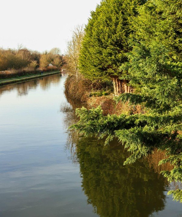 A narrow towpath running alongside a calm canal bordered by trees.