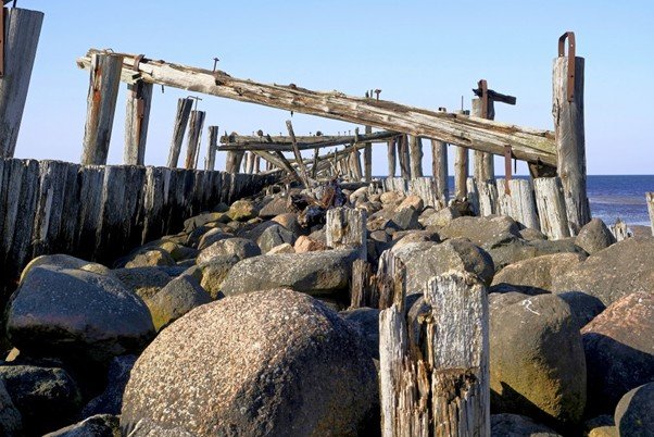 A long wooden pier extending out over calm coastal water.