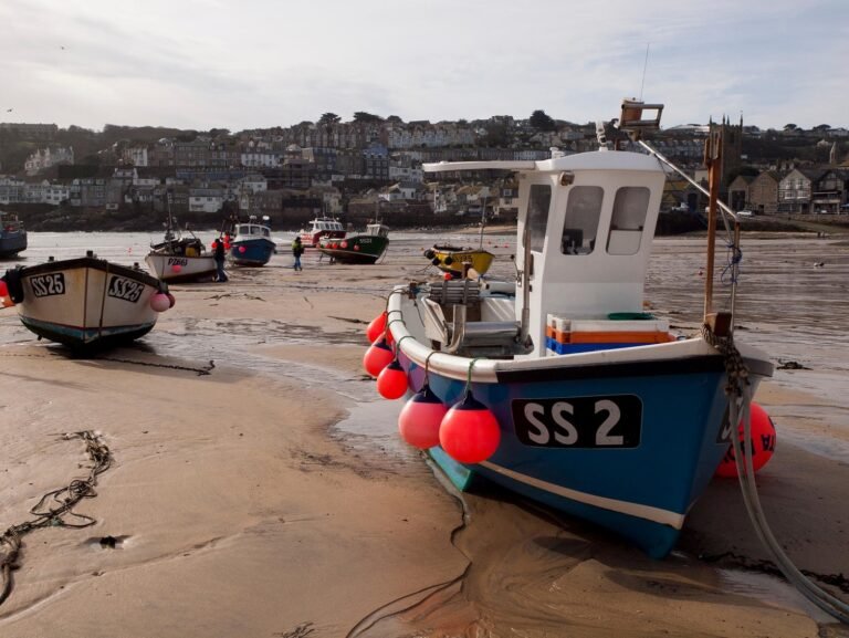 Fishing harbour at low tide with boats resting on exposed seabed beside wooden docks.