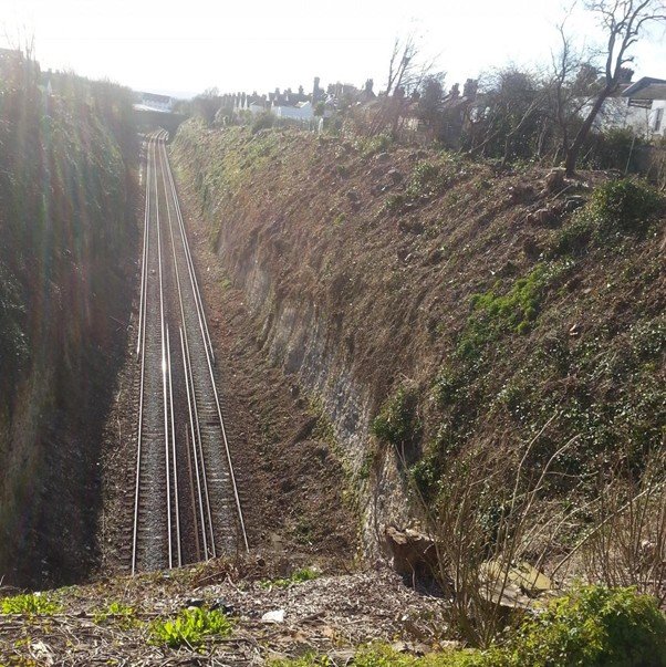 Railway track running through a deep countryside cutting.
